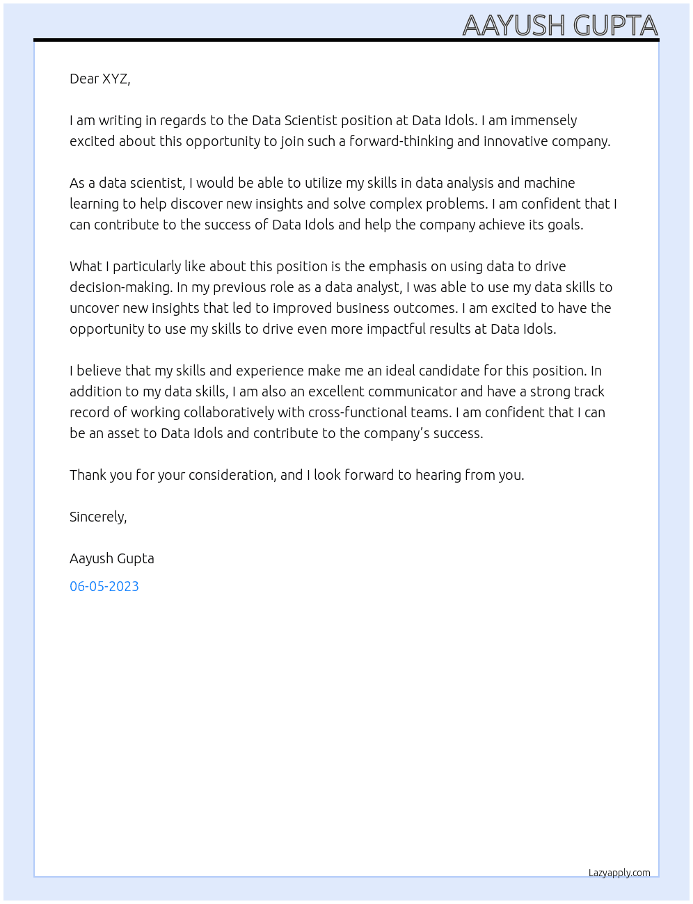 Data Scientist At Data Idols Cover Letter