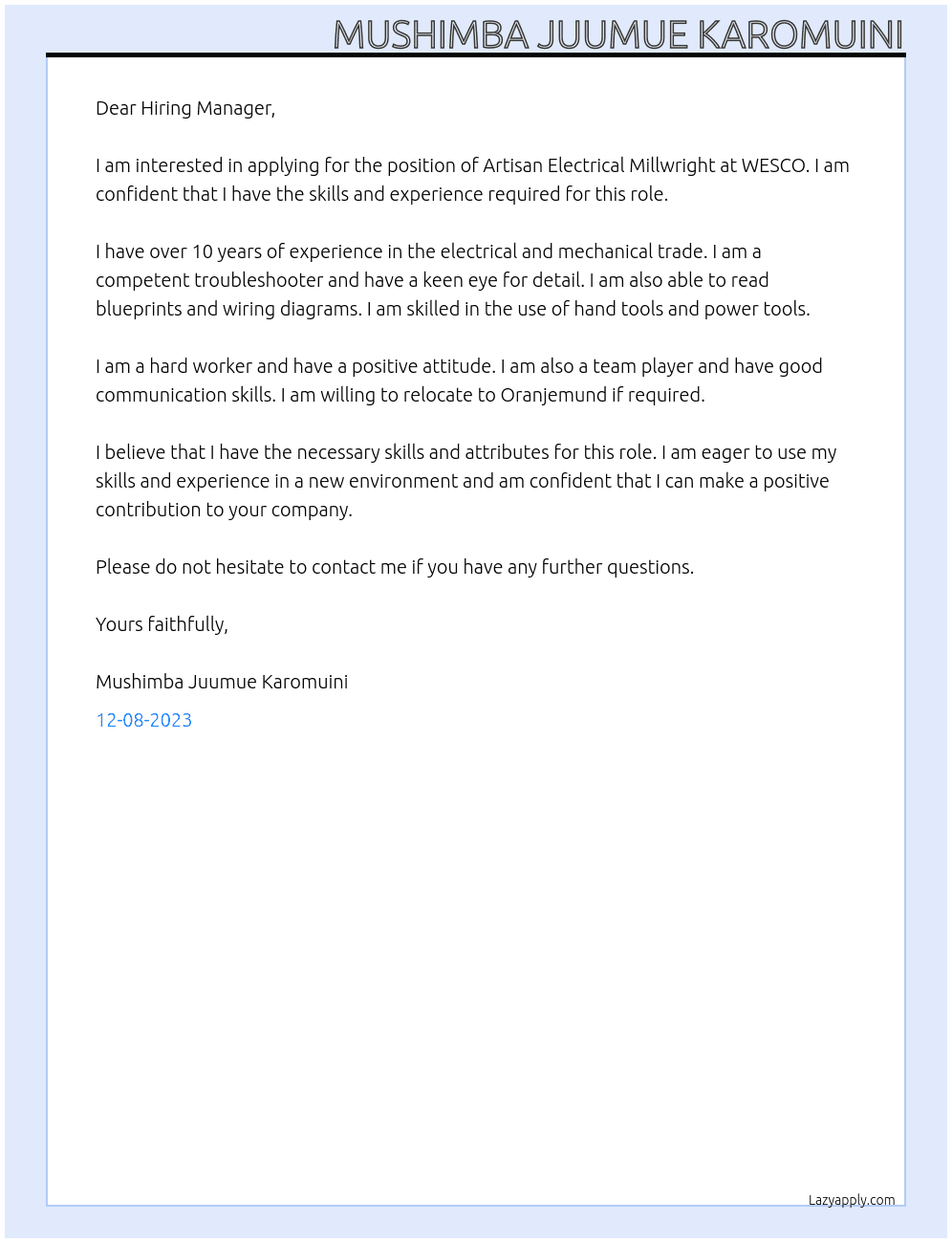 Artisan Electrical Millwright At WESCO Cover Letter