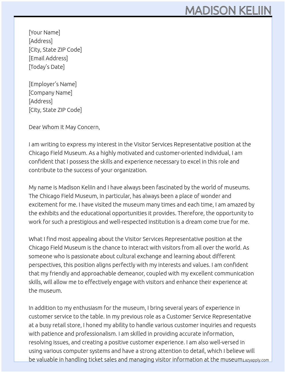 Visitor Services Representative At Chicago Field Museum Cover Letter