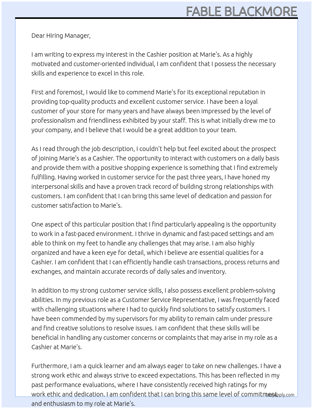 Cashier At Marie's Cover Letter