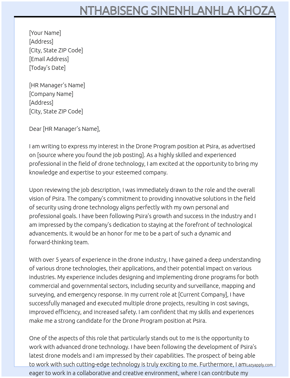 Drone program  At Psira Cover Letter