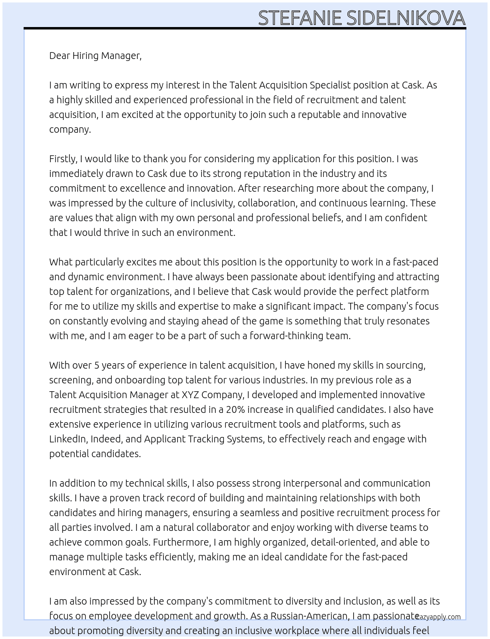 Talent Acquisition Specialist At Cask Cover Letter