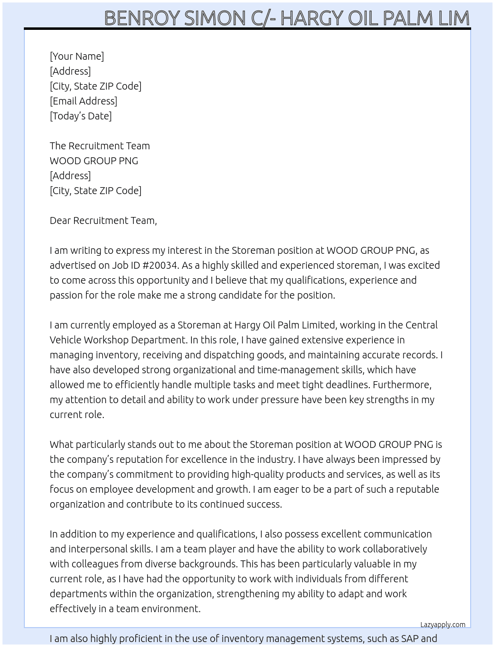 Storeman At WOOD GROUP PNG Job ID: #20034 Cover Letter