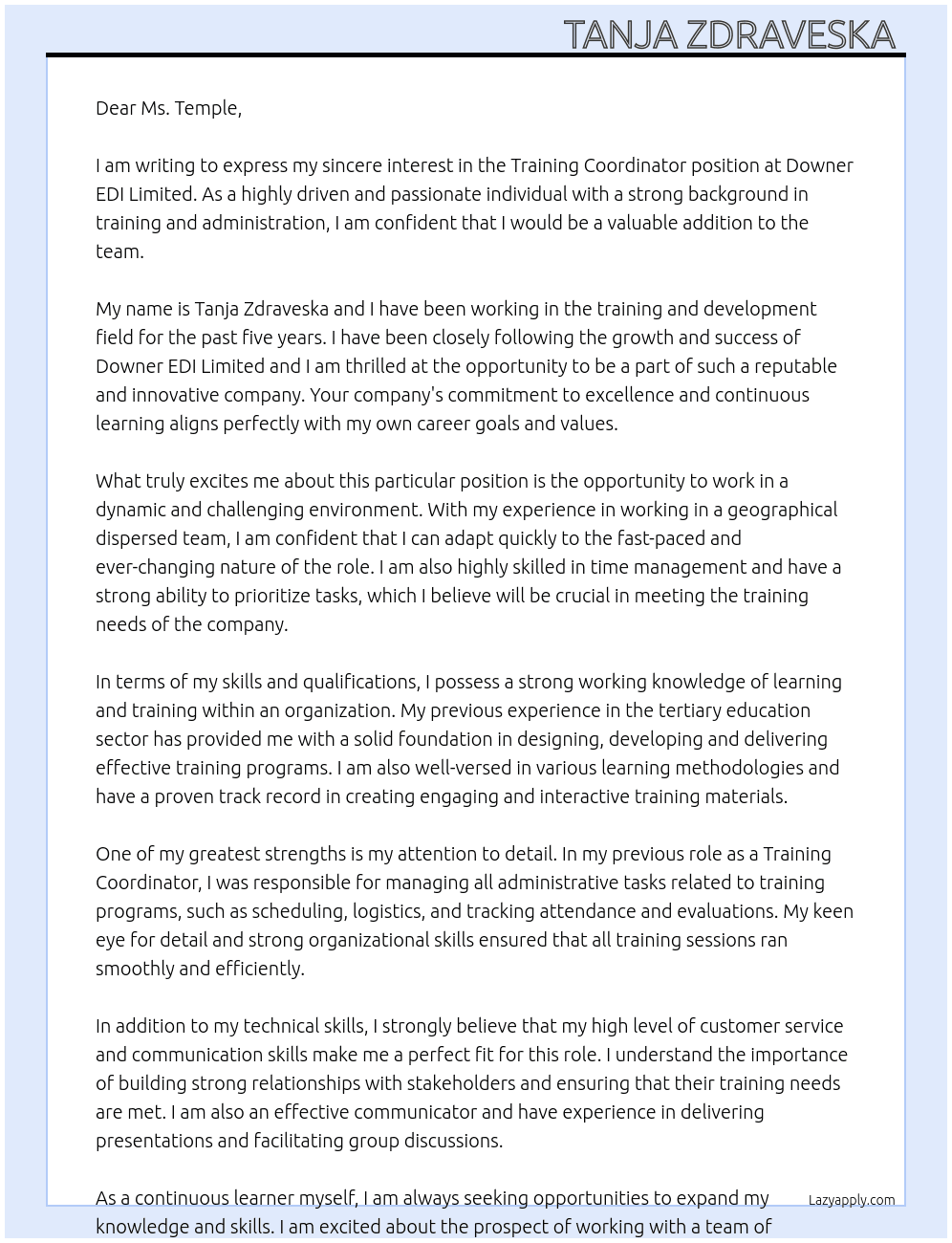 Training Coordinator At Downer EDI Limited Cover Letter