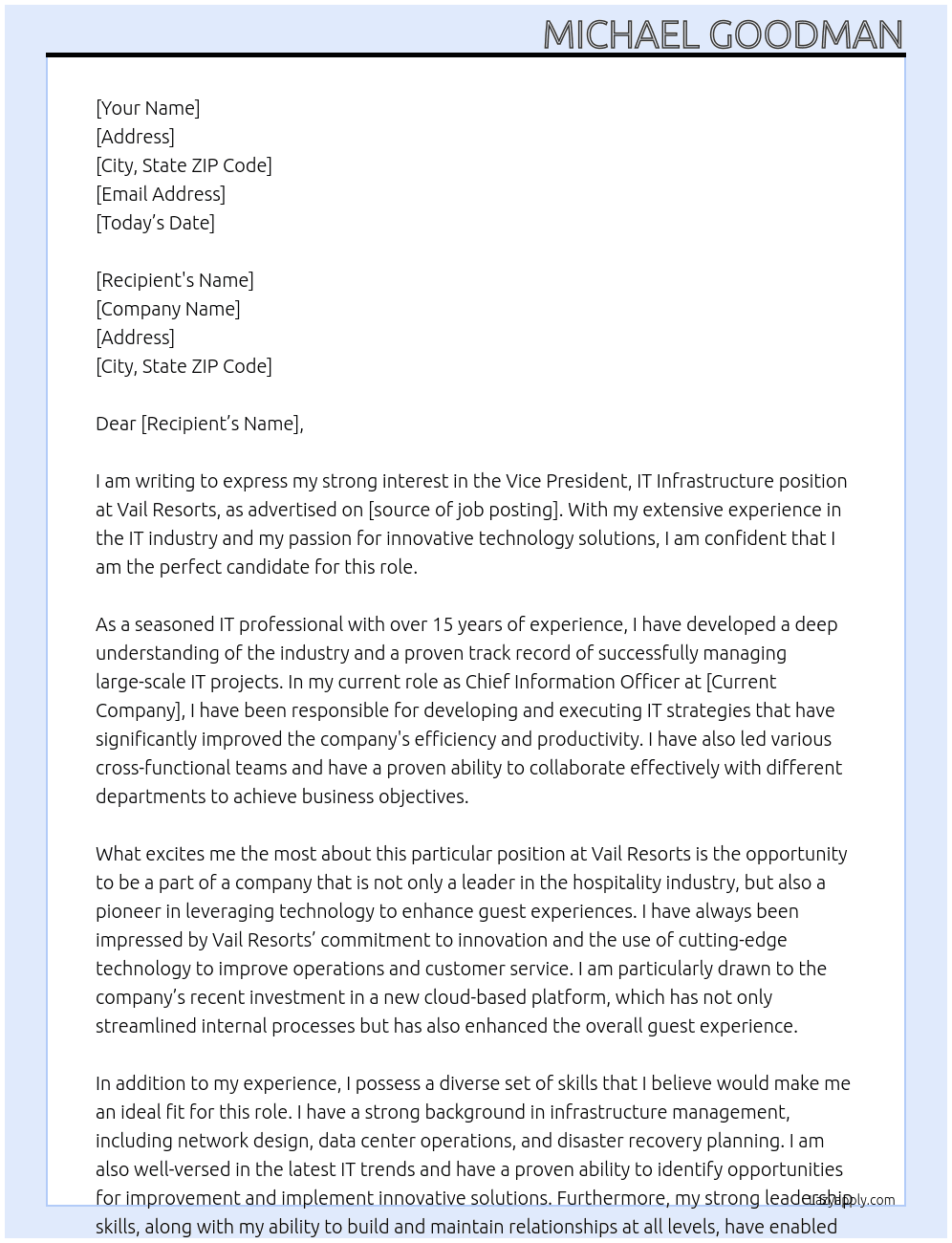 Vice President, IT Infrastructure At Vail Resorts Cover Letter