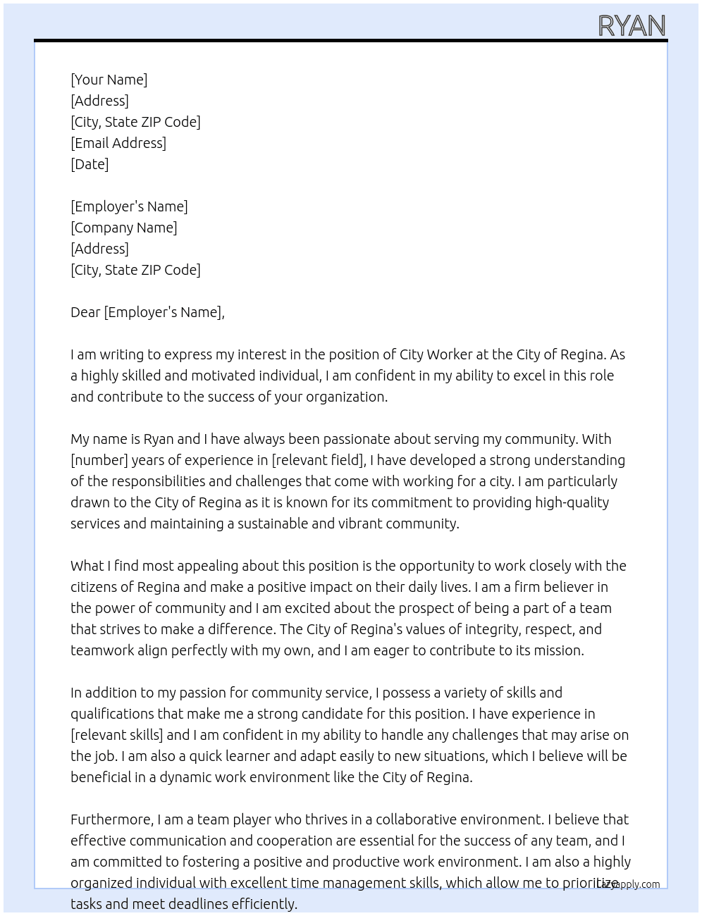 city worker At city of regina Cover Letter