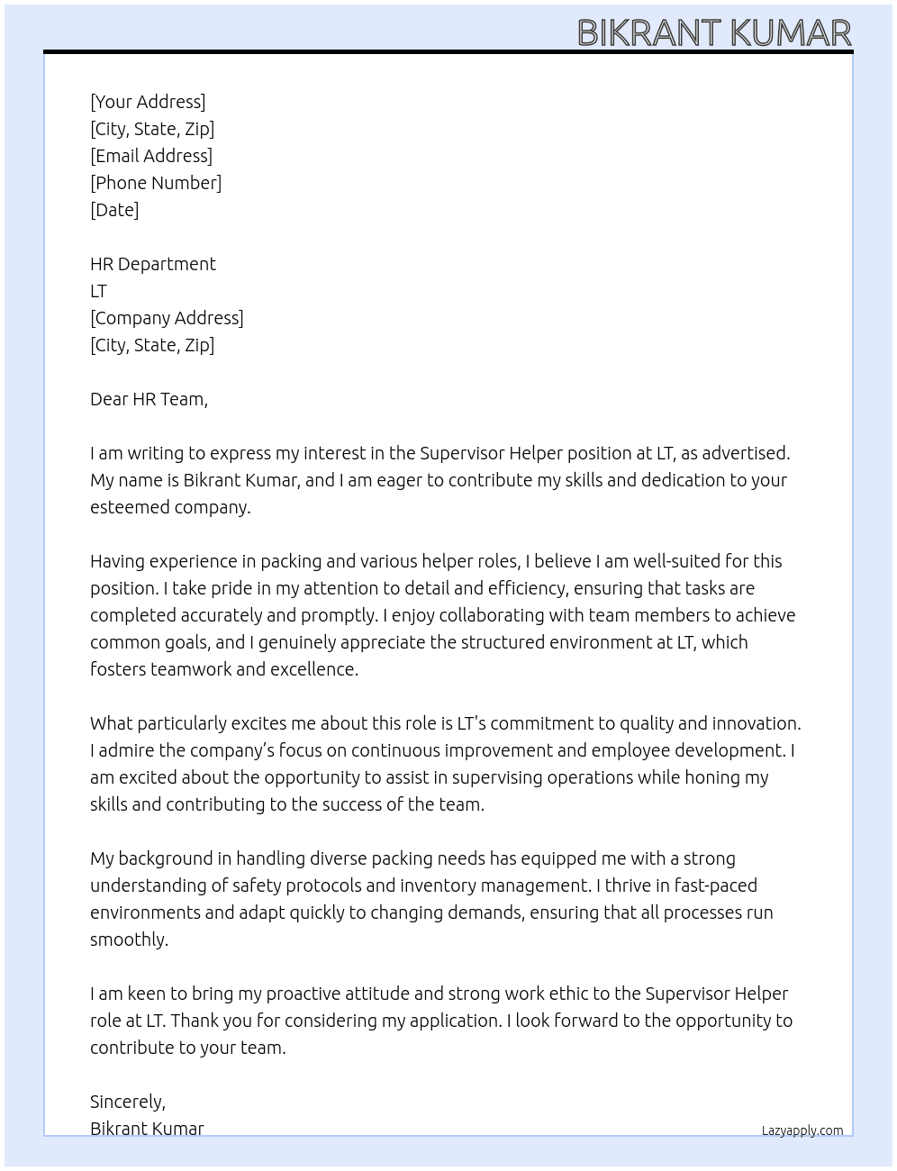 Cover letter for supervisor helper - LazyApply