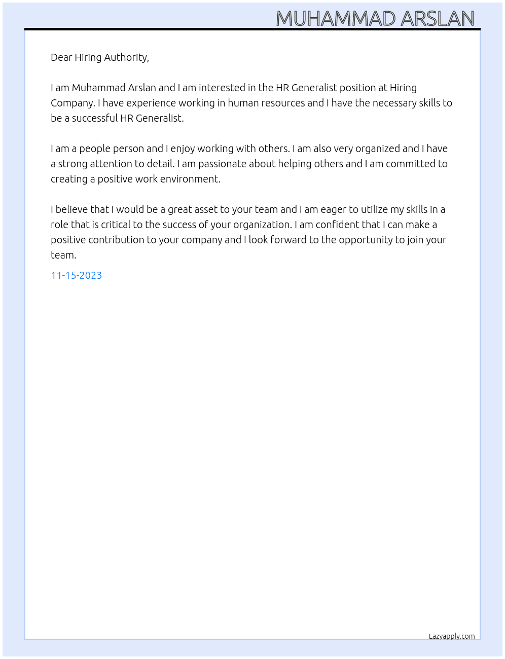 HR Generalist  At Hiring Company  Cover Letter