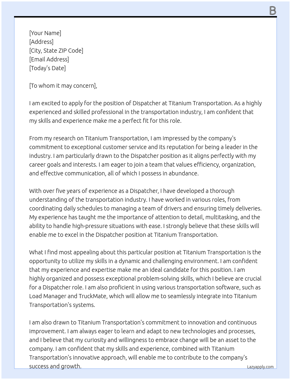 Dispatcher At Titanium Transportation Cover Letter