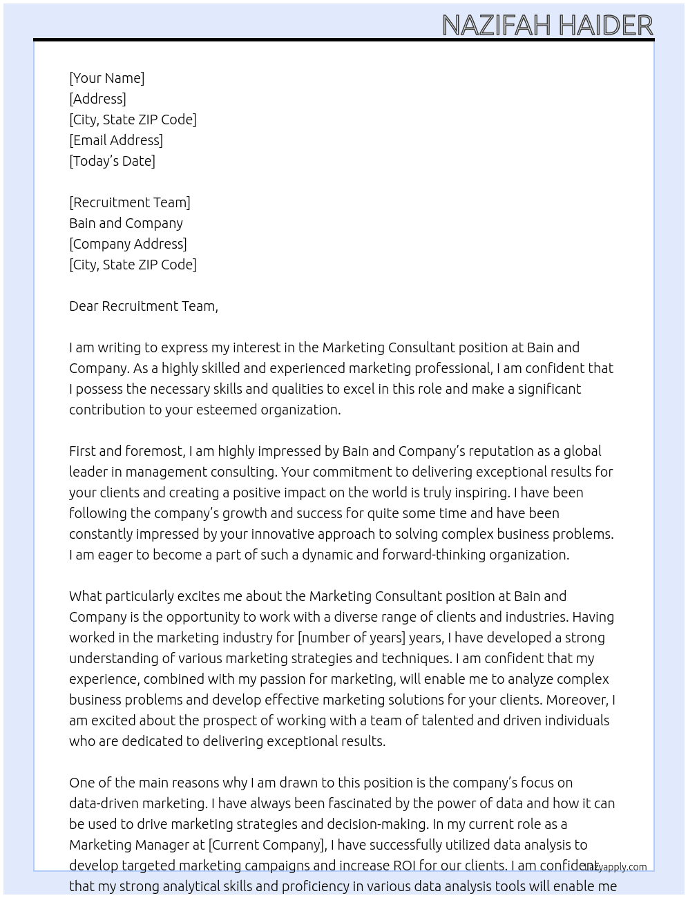 Marketing Consultant At Bain and Company  Cover Letter