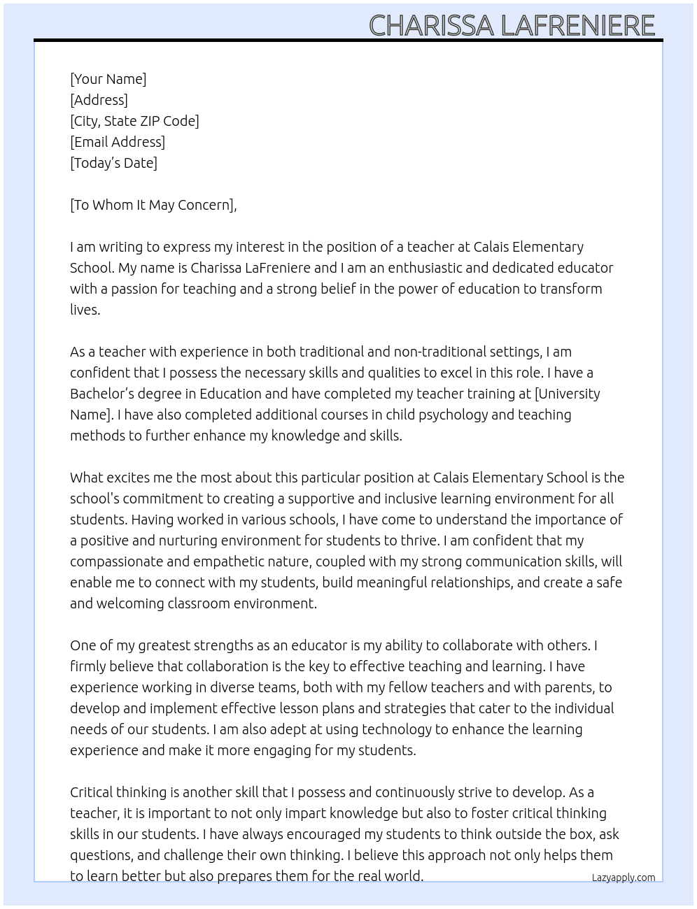 teacher  At Calais Elementary School  Cover Letter