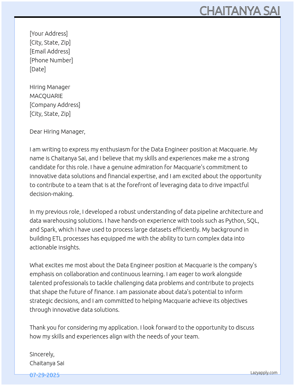 Data Engineer At MACQUARIE Cover Letter
