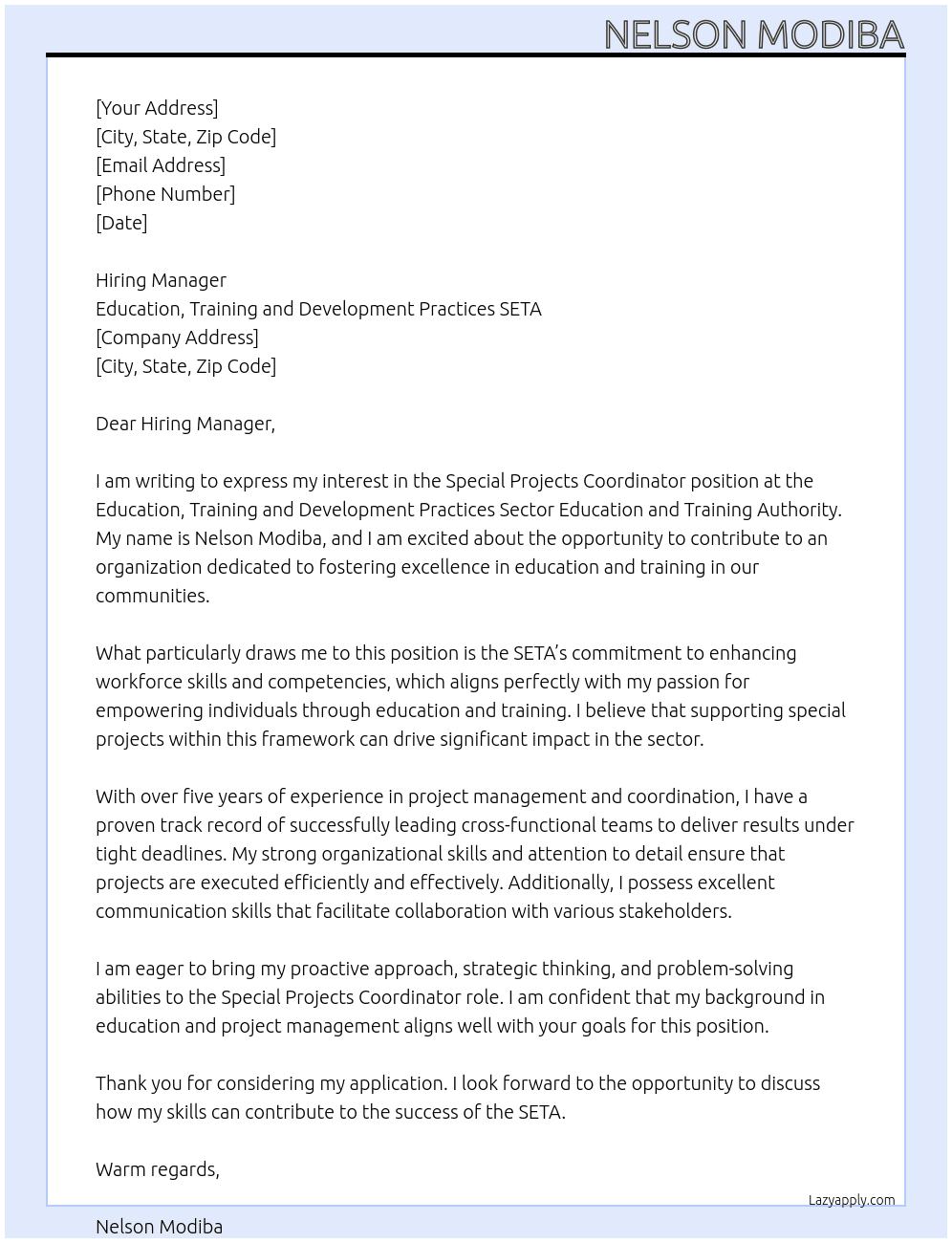 Cover letter for special projects coordinator - LazyApply