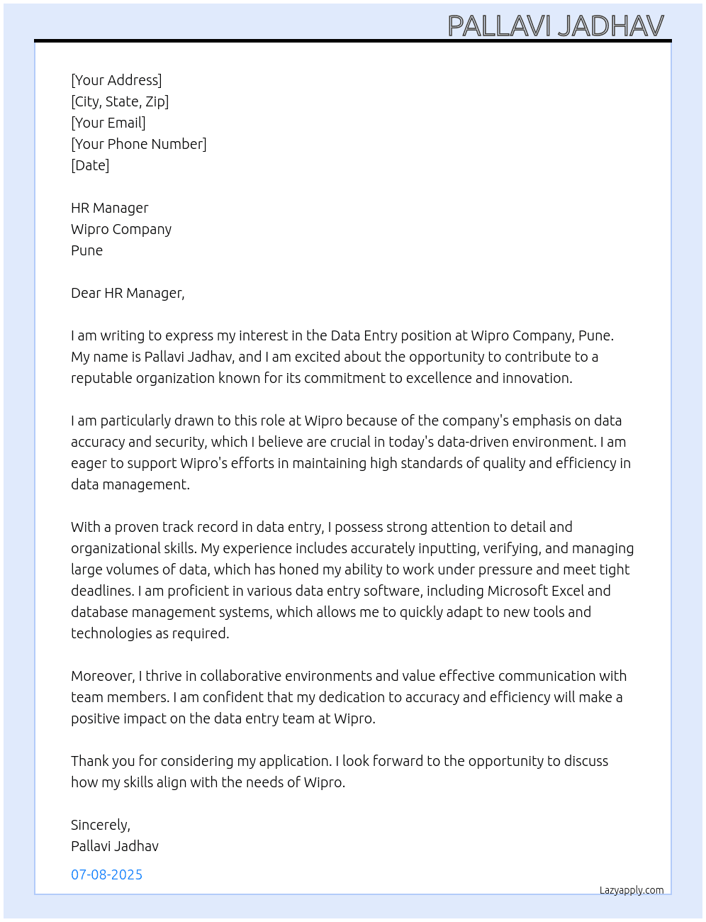 Data entry  At Wipro company pune  Cover Letter
