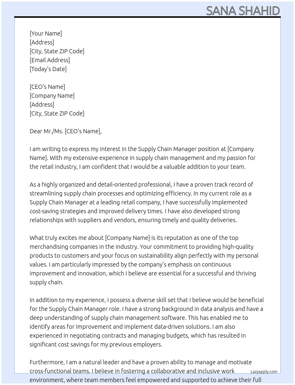 Supply Chain Manager At merchandising companies  Cover Letter