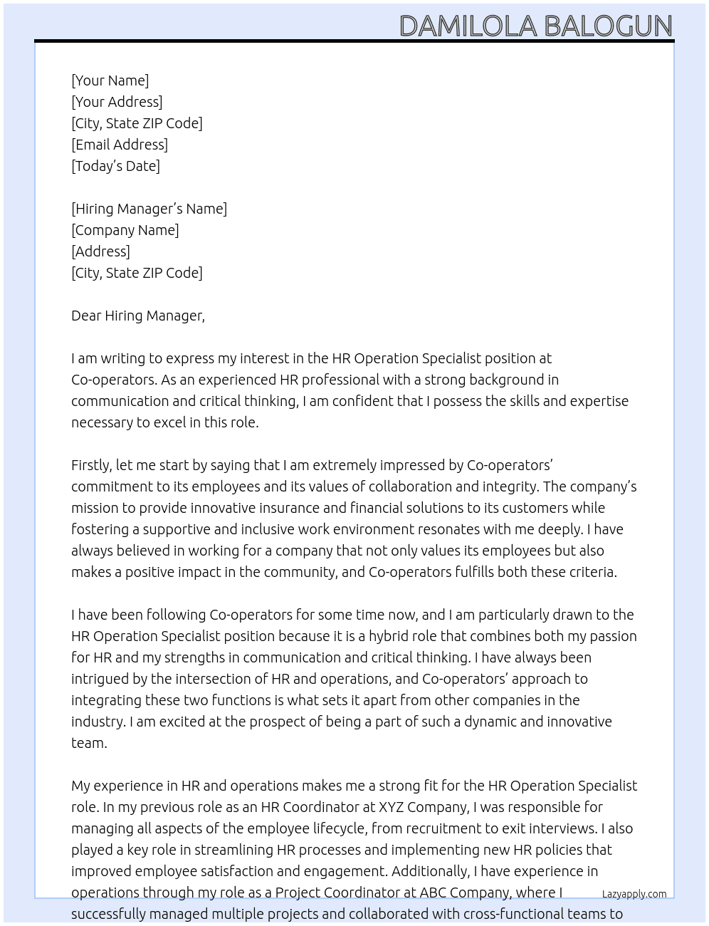HR Operation Specialist At Co-operators Cover Letter
