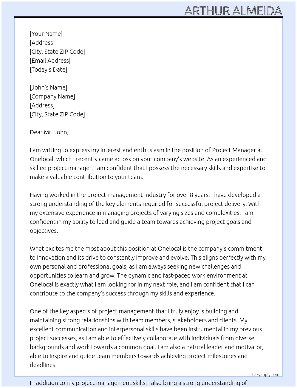 Project manager At Onelocal Cover Letter
