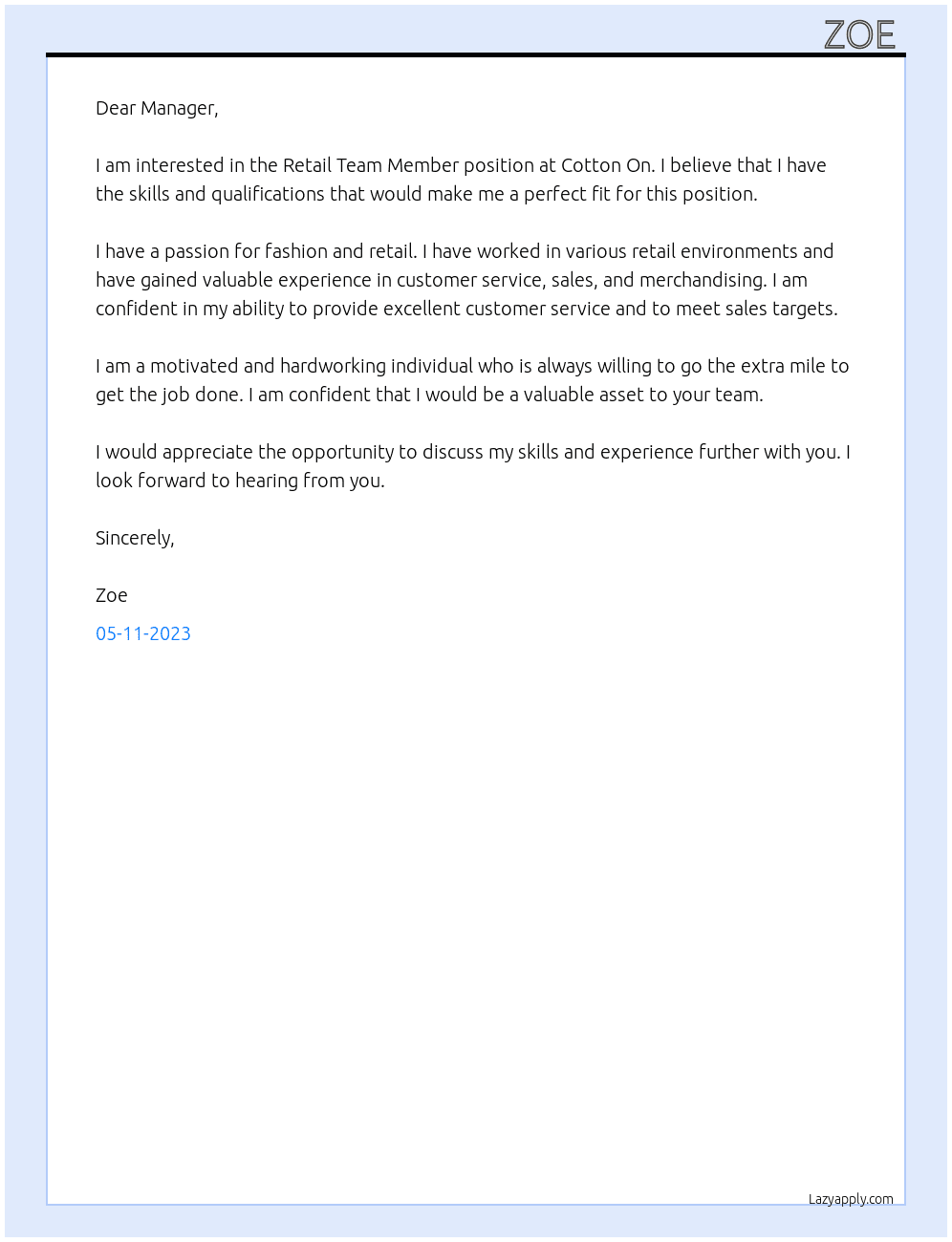 Retail Team Member At Cotton On Cover Letter