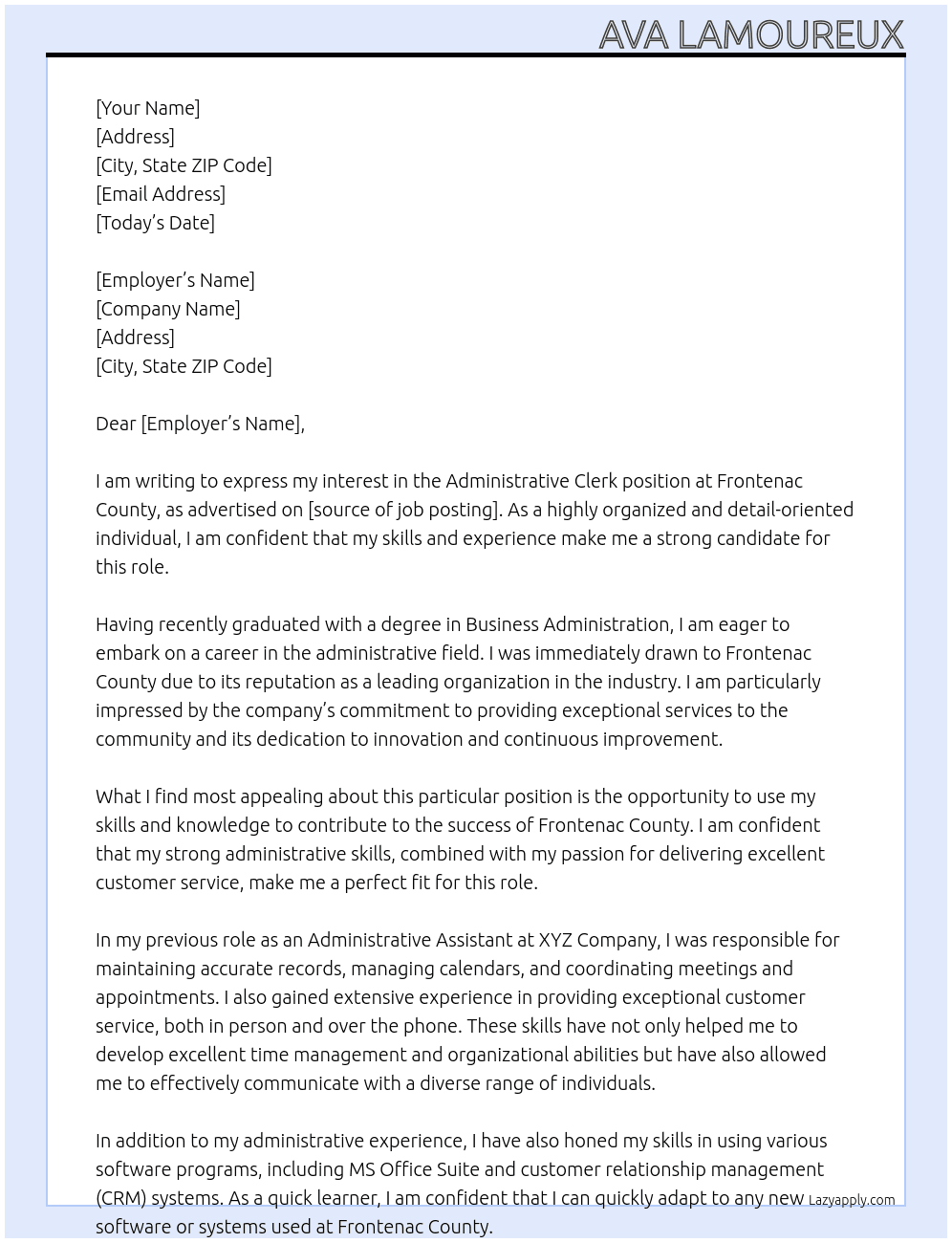 Administrative Clerk At Frontenac County Cover Letter