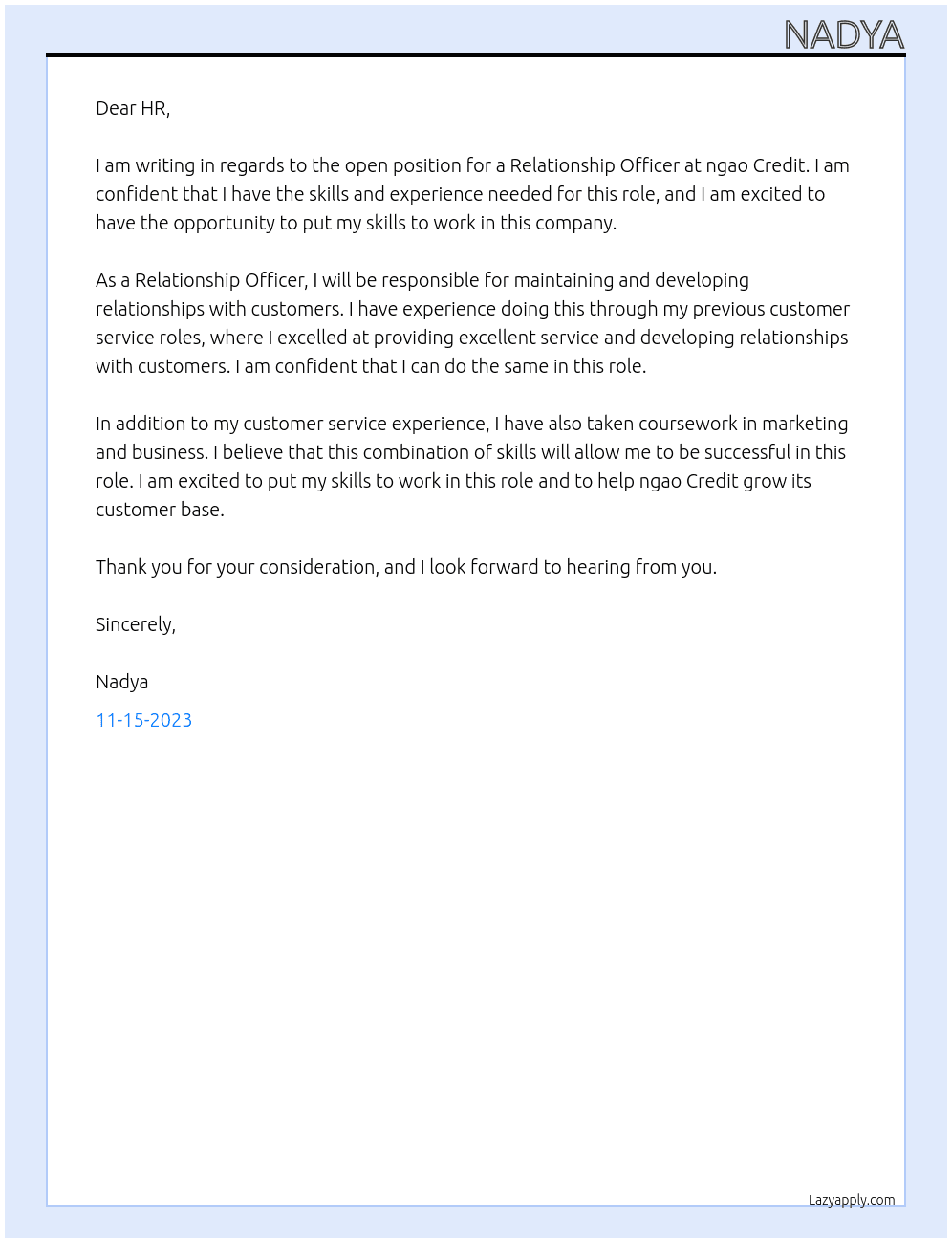 relationship officer At ngao credit Cover Letter