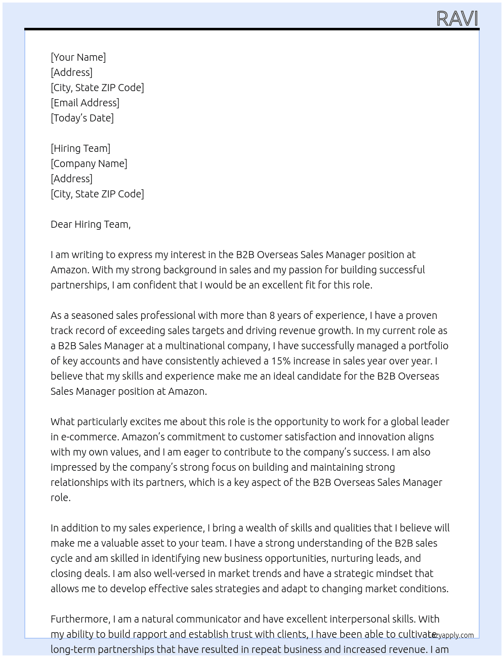 Cover letter for b2b overseas sales manager - LazyApply