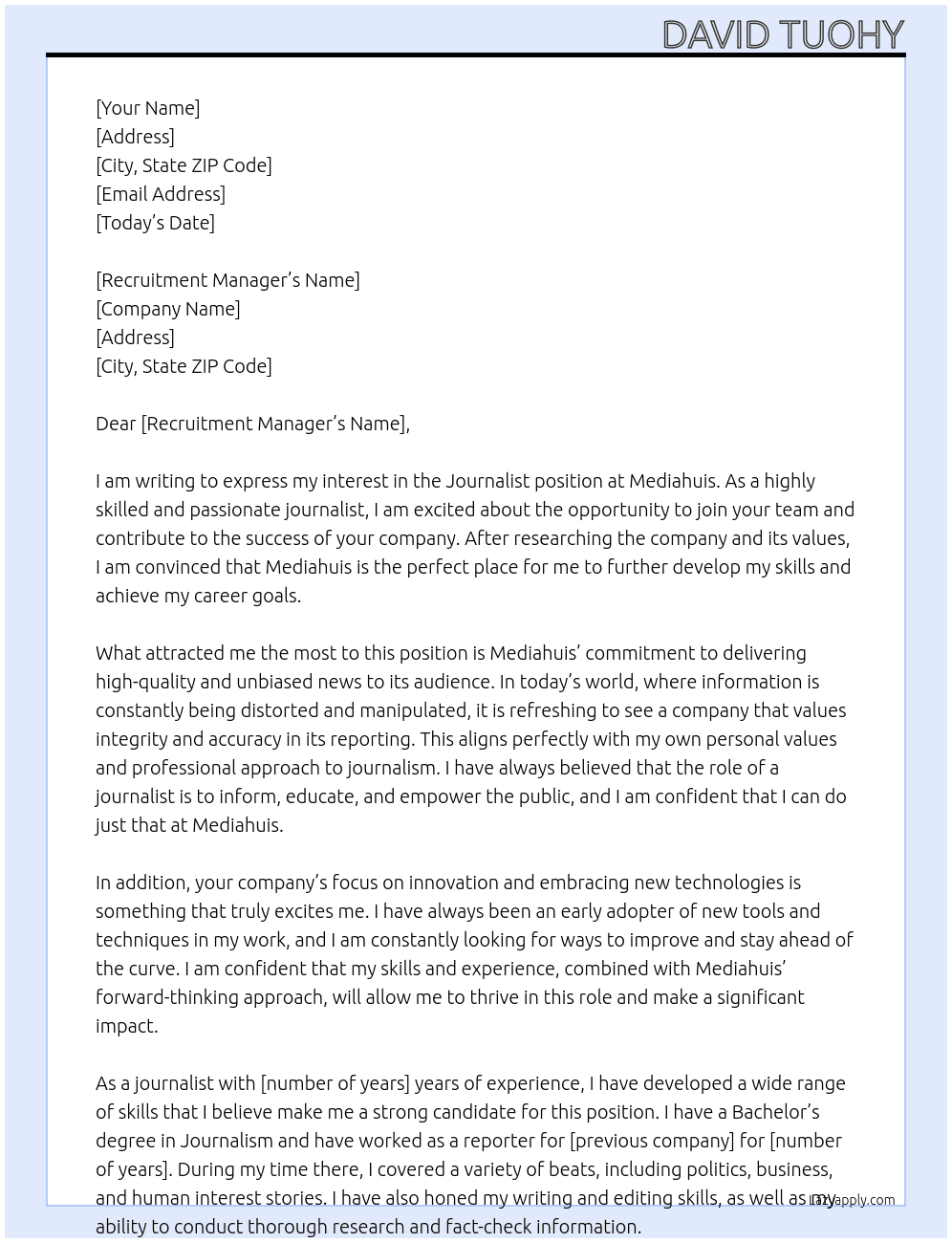 Journalist At Mediahuis Cover Letter