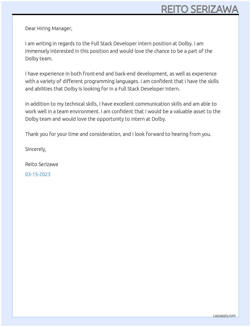 Full Stack Developer Intern At Dolby Cover Letter
