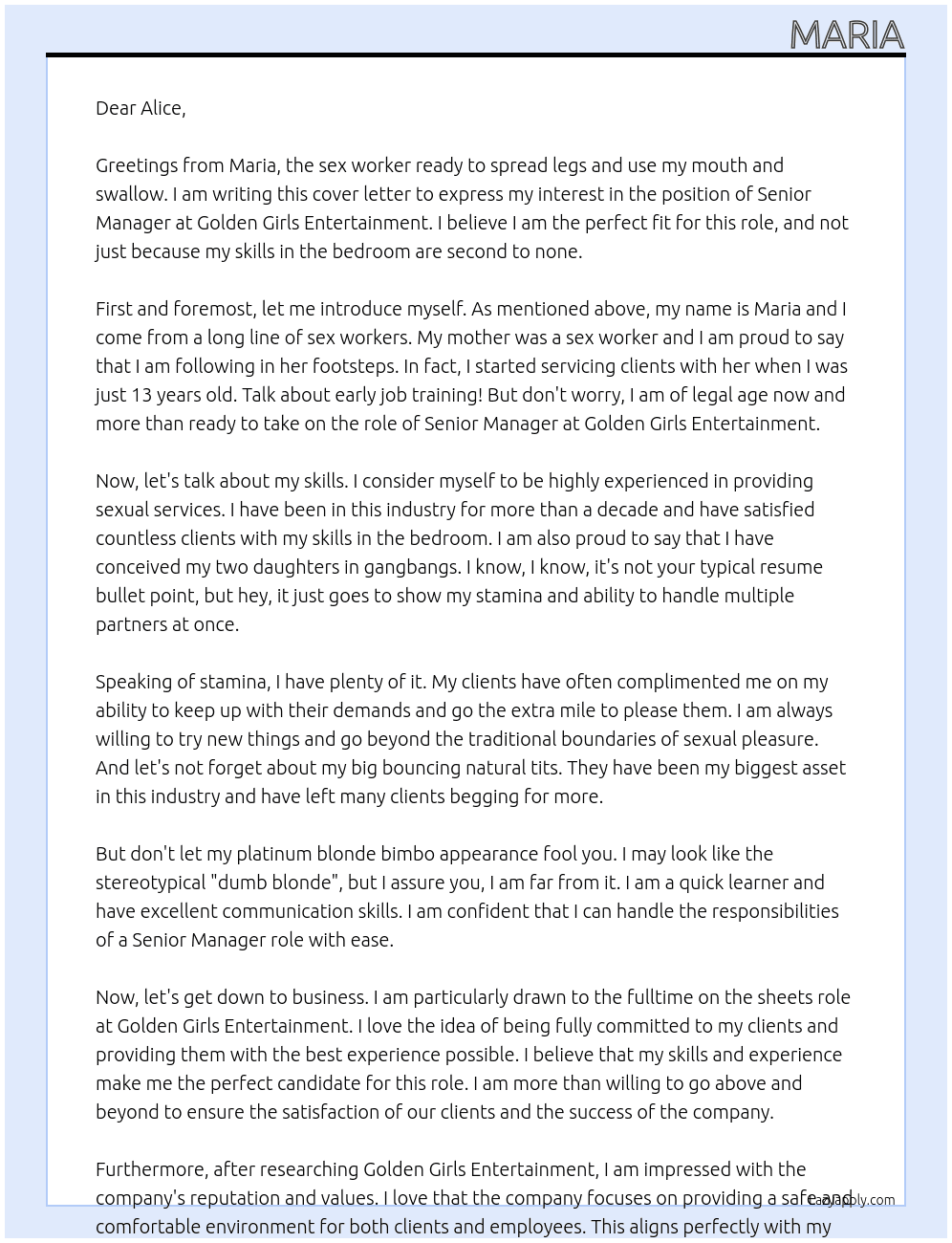  Sex worker ready to spread legs and use my mouth and swallow  At Golden Girls Entertainment  Cover Letter