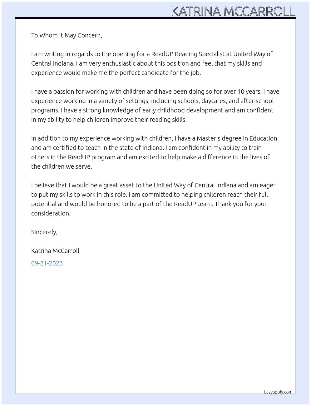 ReadUP Reading Specialist At United Way of Central Indiana Cover Letter
