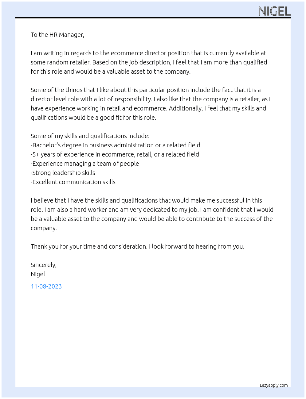 ecommerce director At some random retailer Cover Letter