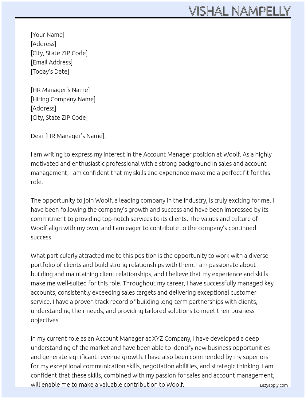 Account Manager  At Woolf Cover Letter