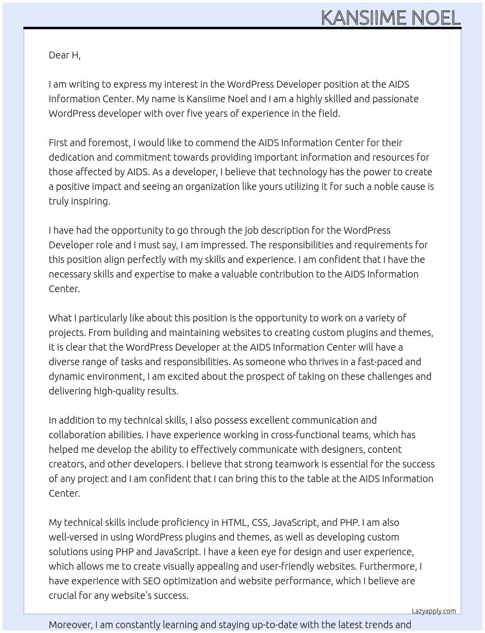 WordPress Developer At AIDS Information Center Cover Letter