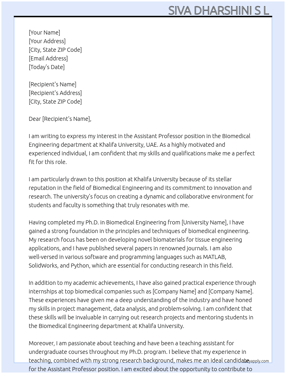 Assistant Professor  At Khalifa University, UAE Cover Letter