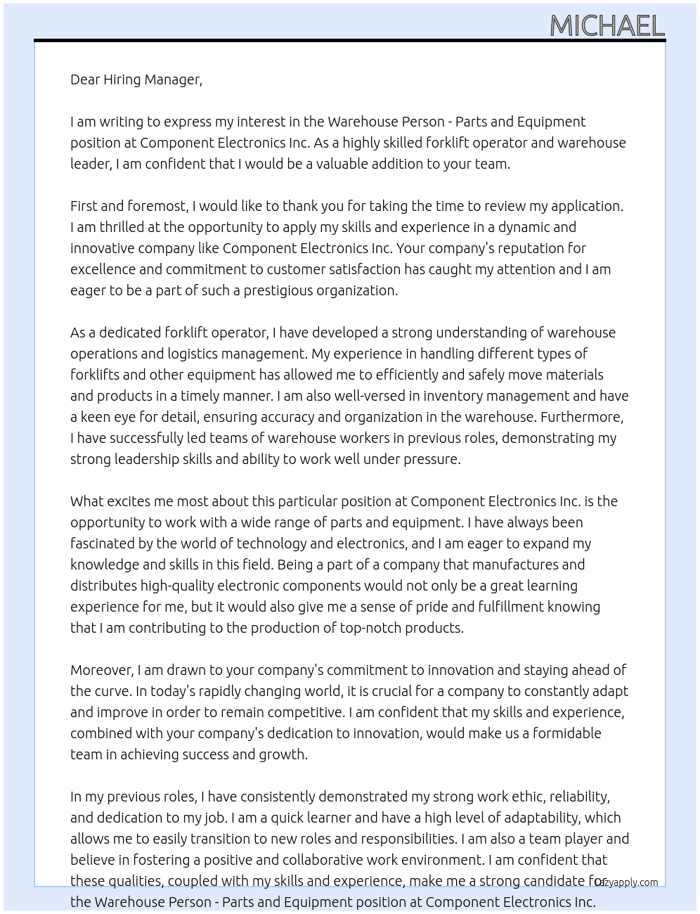 Warehouse person- pats and equipment At Component Elctronics Inc. Cover Letter