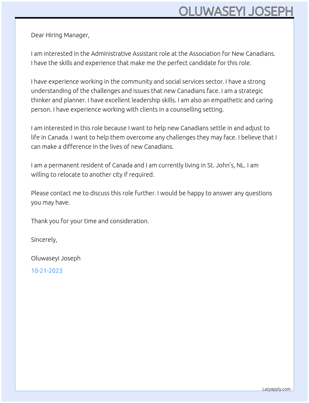 Administrative Assistant At Association for New Canadians Cover Letter