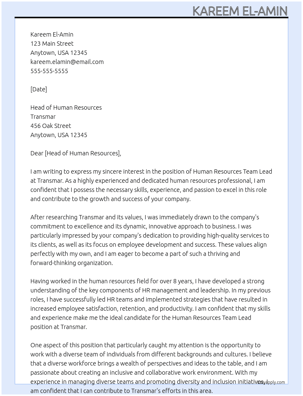 Human resources team lead At Transmar Cover Letter