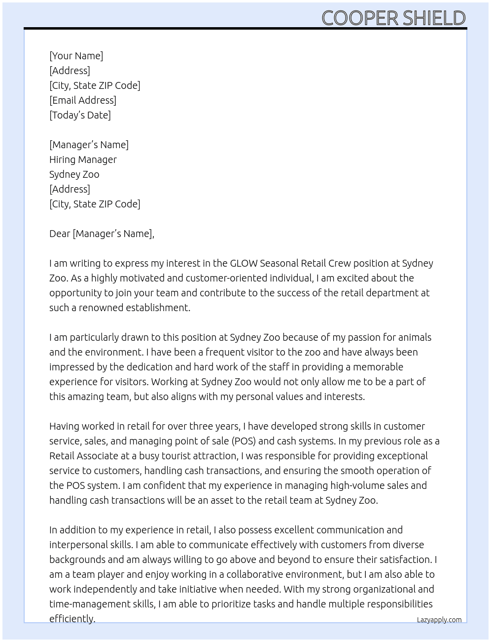 GLOW Seasonal Retail Crew At Sydney Zoo Cover Letter