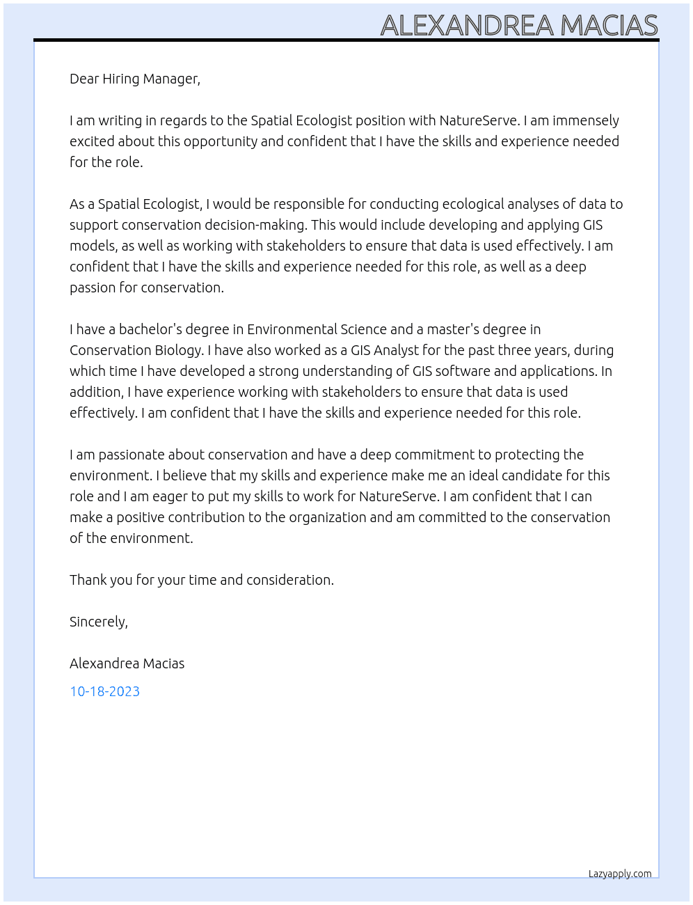 Spatial Ecologist At NatureServe Cover Letter