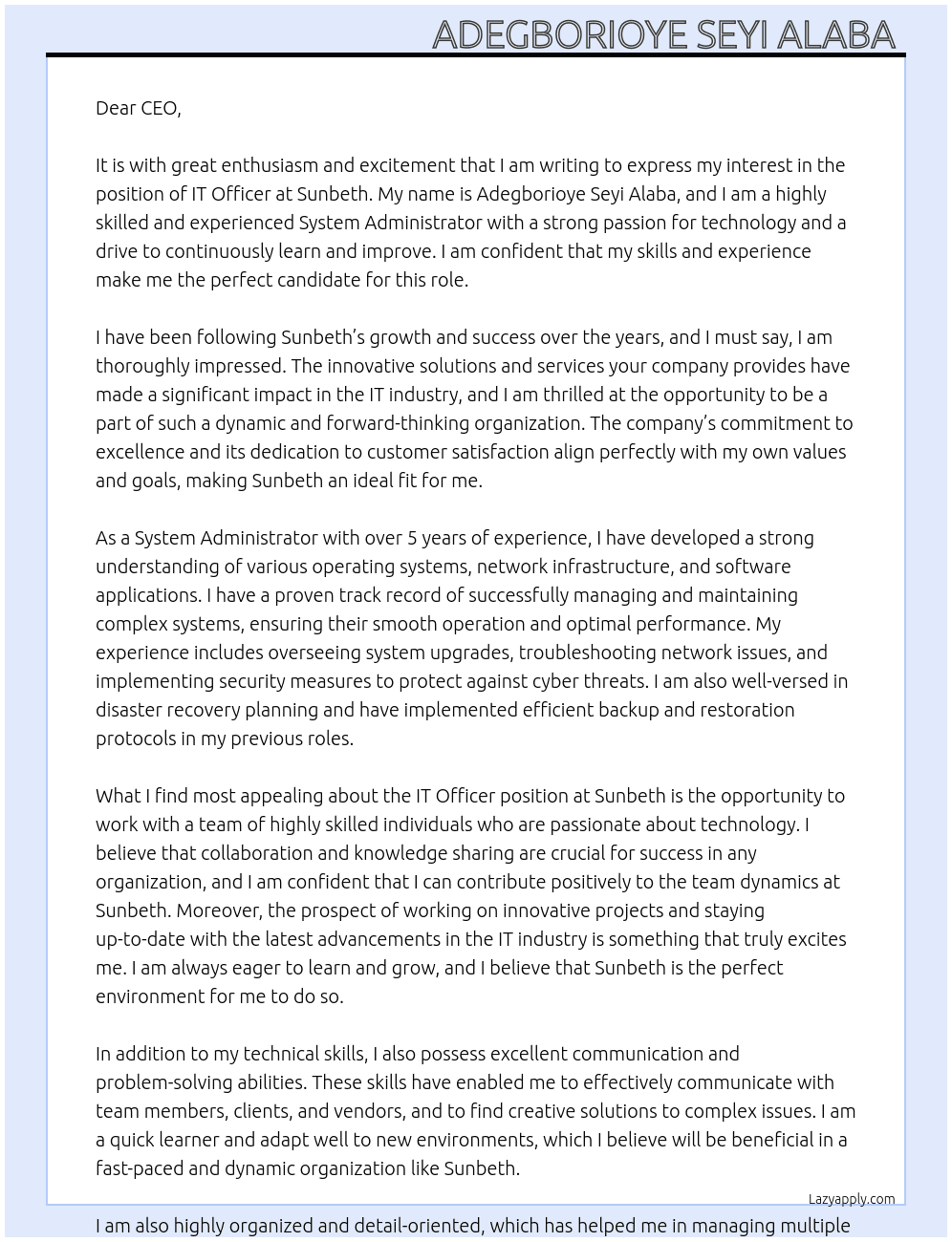 IT OFFICER  At Sunbeth  Cover Letter
