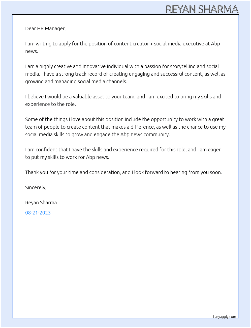  content creator+ Social media executive  At Abp news Cover Letter