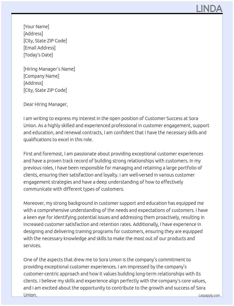 customer success At Sora Union Cover Letter