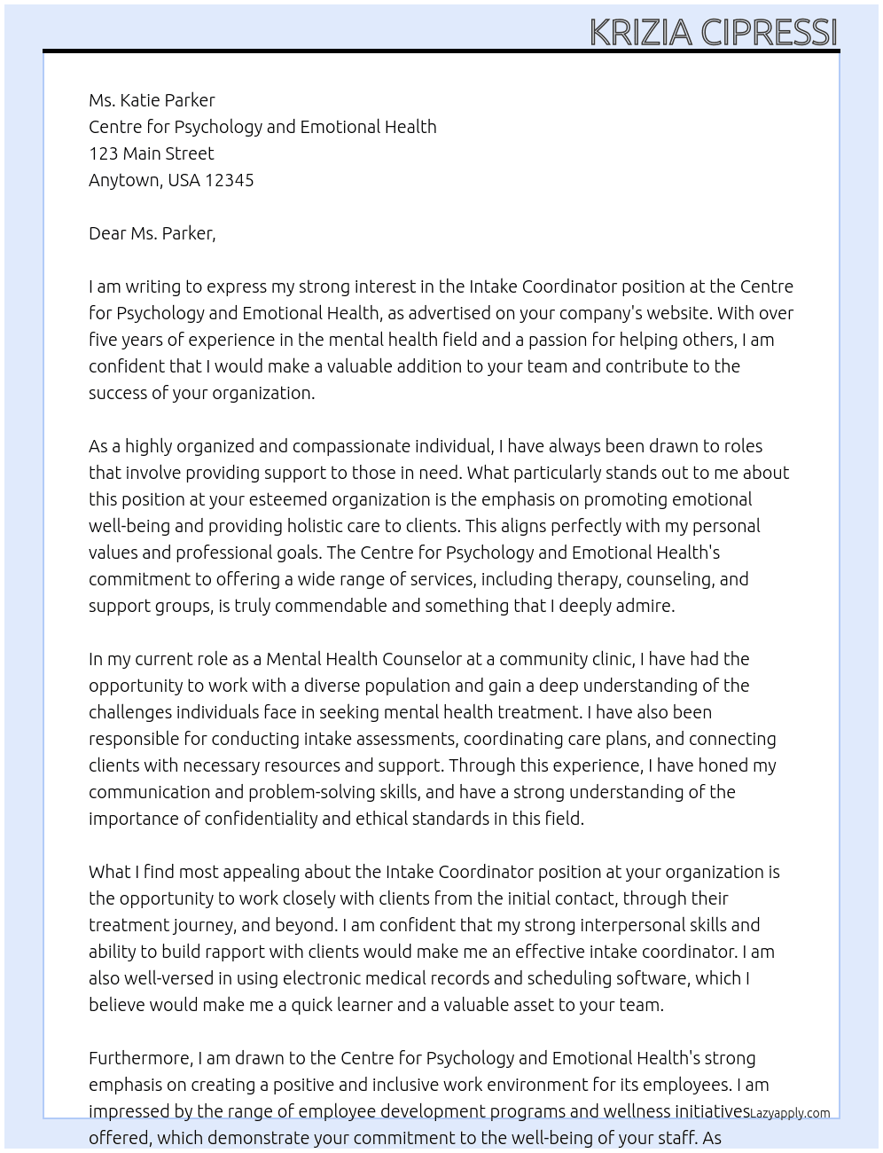 Intake Coordinator At Centre for Psychology and Emotional Health Cover Letter