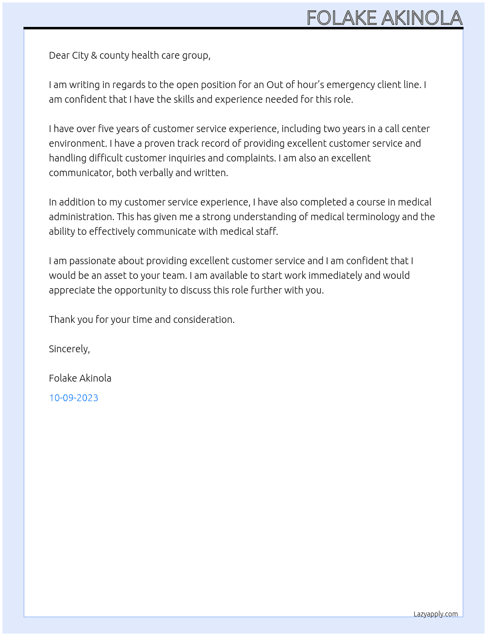 Out of hour’s emergency client line At City & county health care group Cover Letter