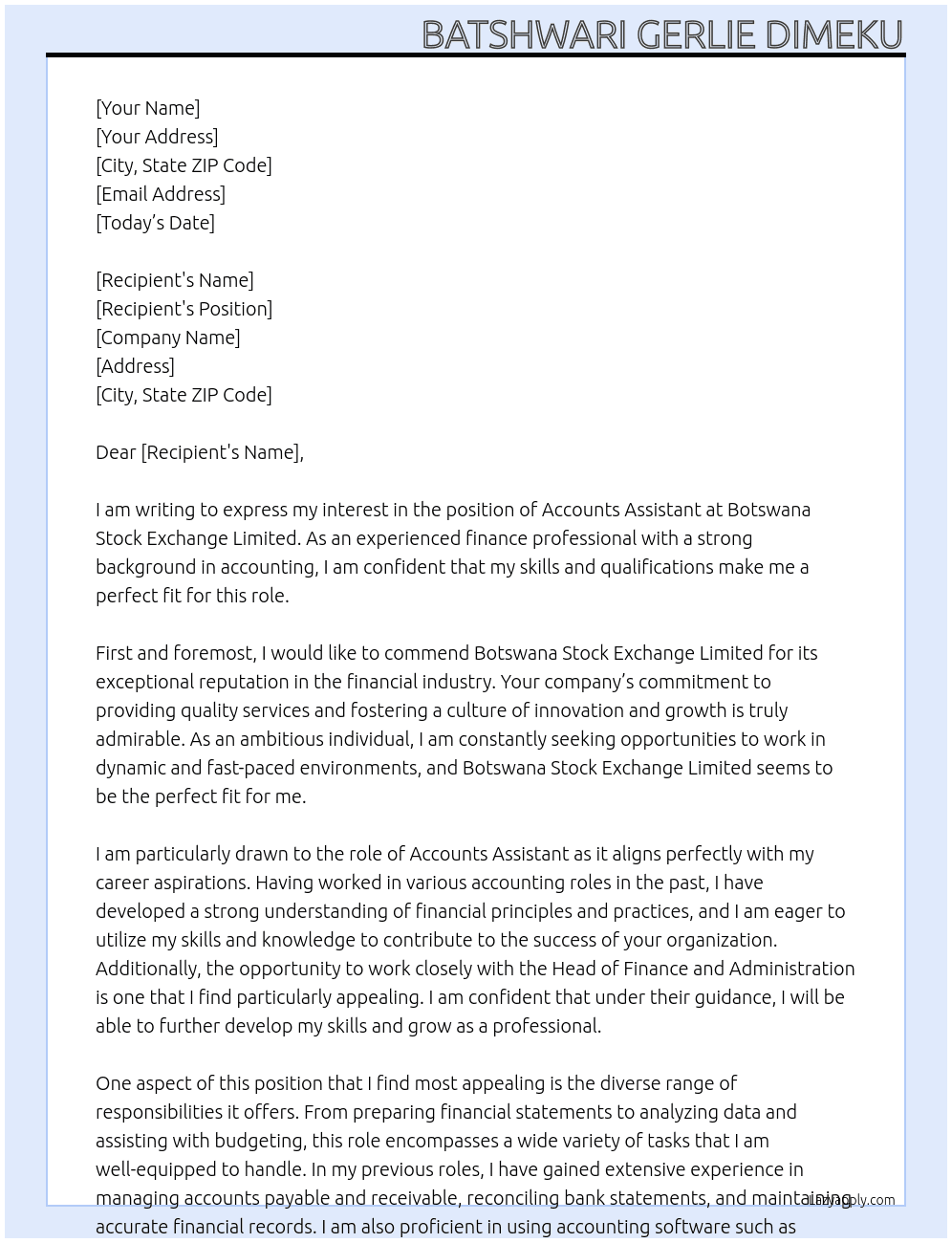 accounts assistant At Botswana Stock Exchange Limited Cover Letter