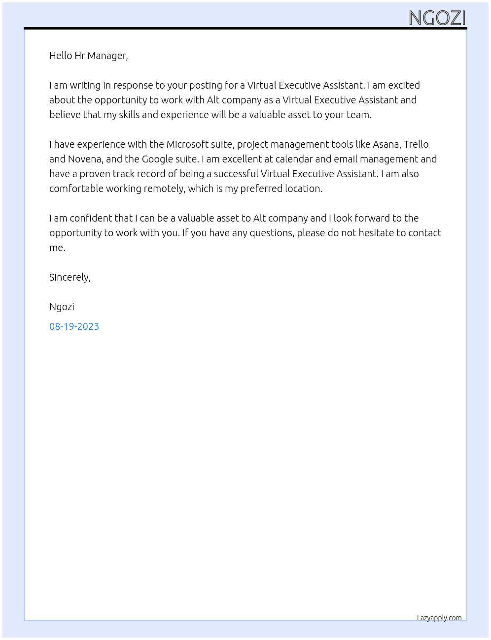 Virtual Executive Assistant  At Alt company  Cover Letter