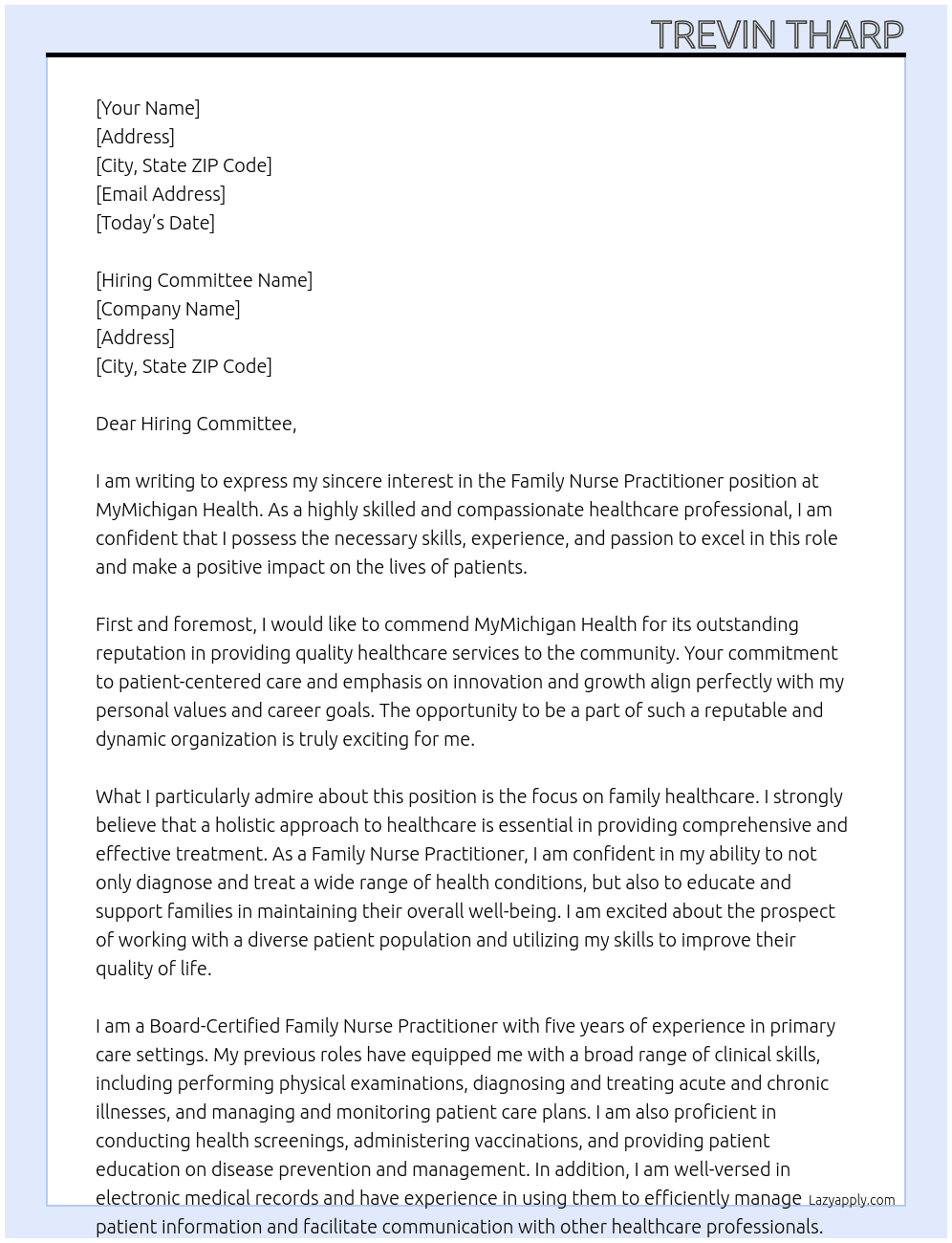 Family Nurse Practitioner At MyMichigan Health Cover Letter