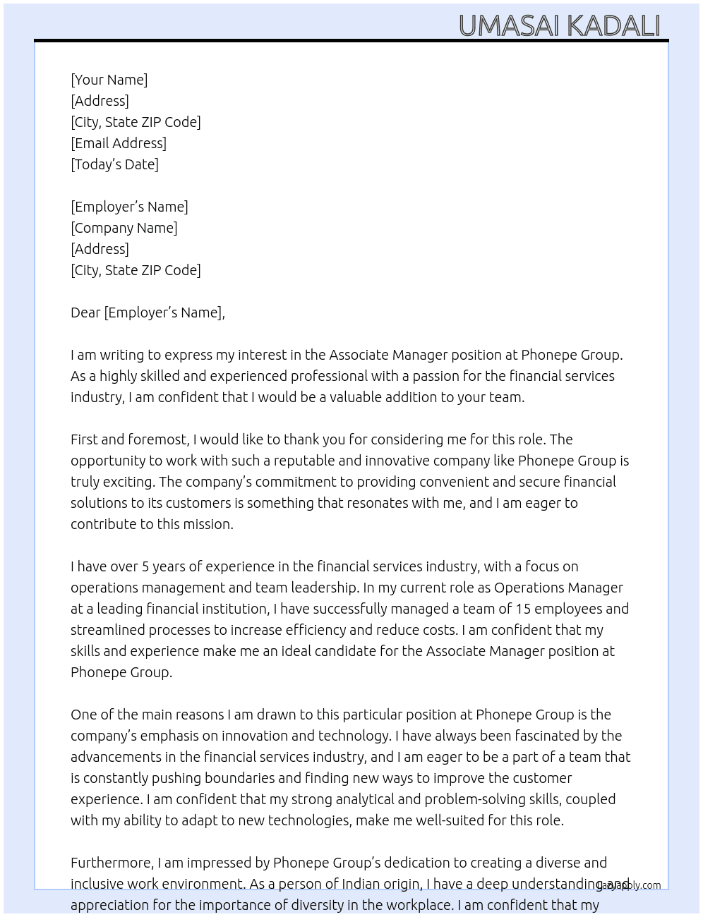 Associate manager  At Phonepe Cover Letter