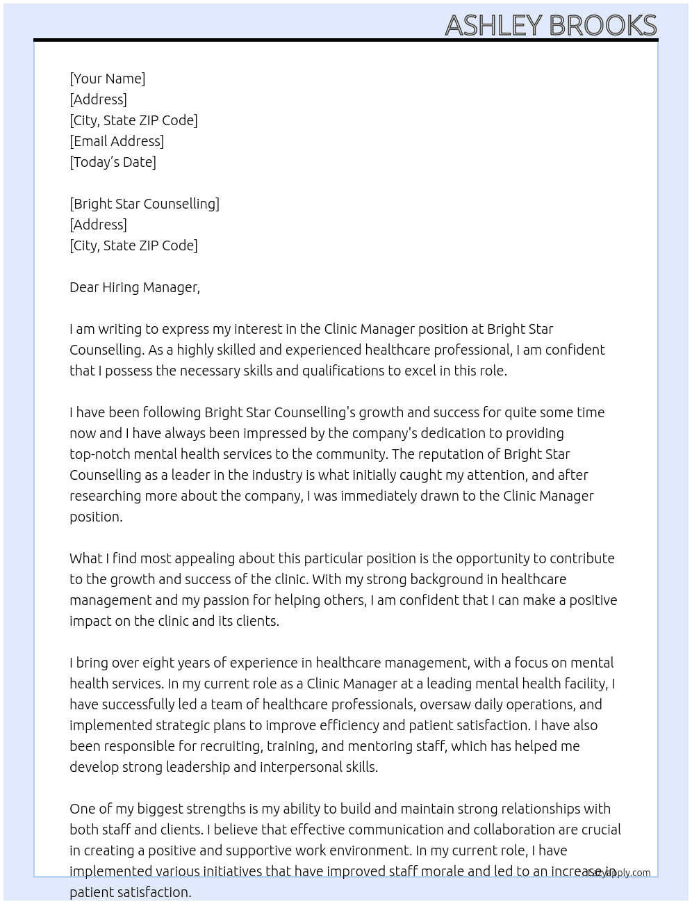 Clinic Manager At Bright Star Counselling Cover Letter