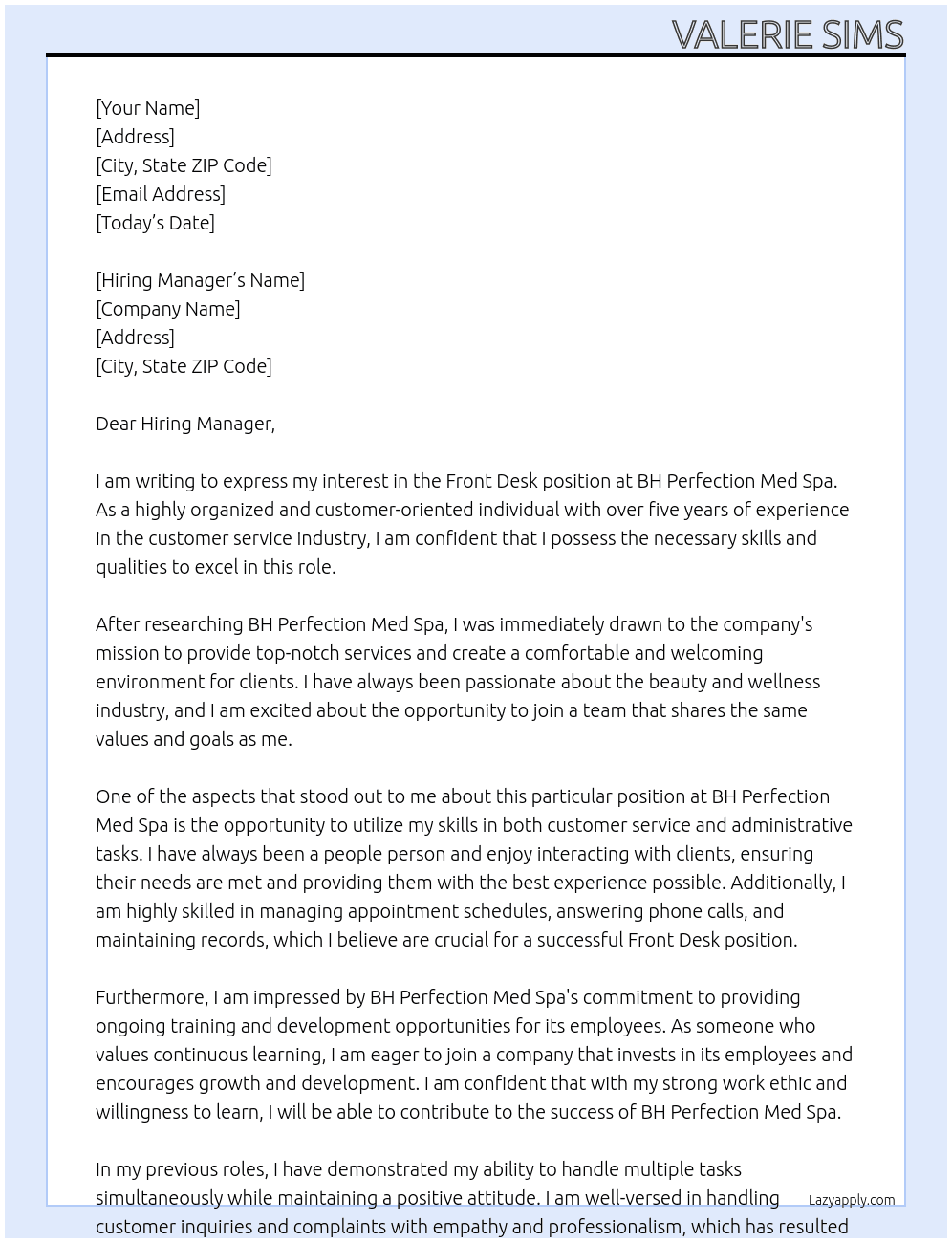 Front desk At BH Perfection Med Spa Cover Letter