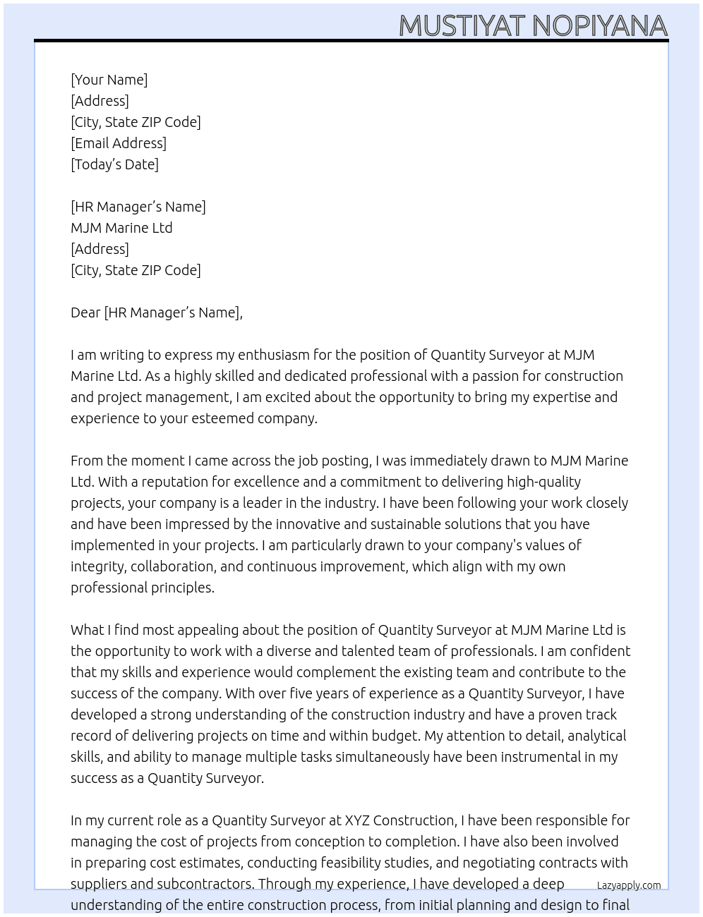 Quantity Surveyor At MJM Marine Ltd Cover Letter